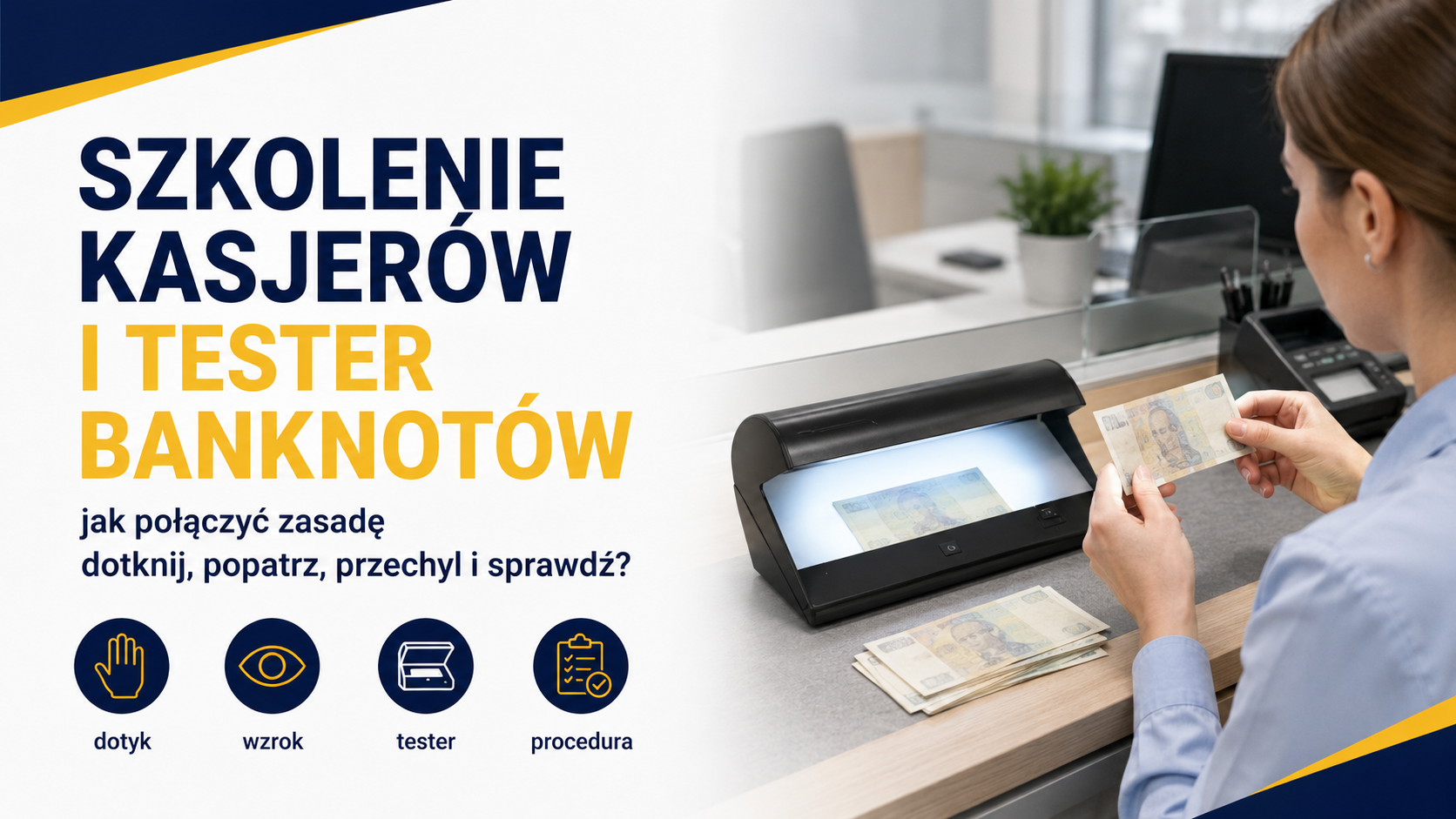 Szkolenie kasjerów z weryfikacji banknotów - jak połączyć zasadę dotknij, popatrz, przechyl i sprawdź z testerem?